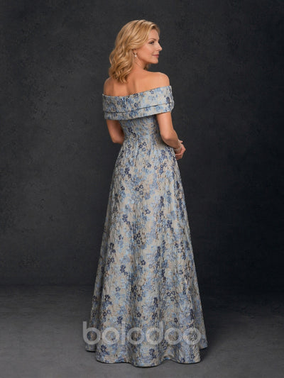 BOLODOO Blue Grey Floral Jacquard Off-Shoulder A-Line Mother of the Bride Gown | BOLODOO watermark
