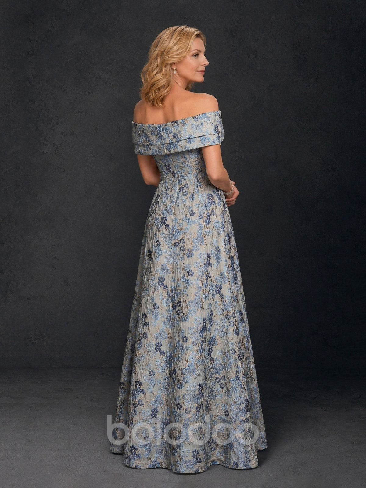 BOLODOO Blue Grey Floral Jacquard Off-Shoulder A-Line Mother of the Bride Gown | BOLODOO watermark