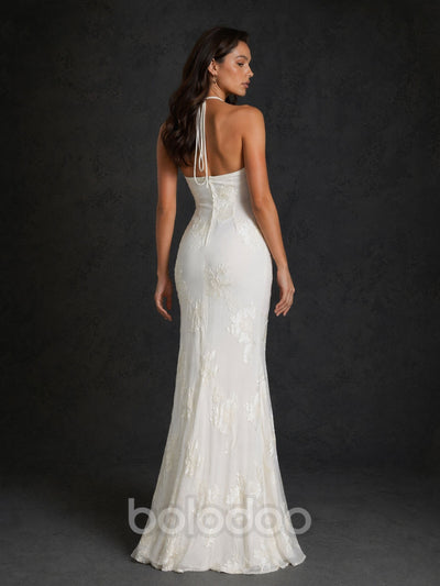 BOLODOO Ivory Tonal Floral Embroidered Mesh Halter Neck 3D Floral Corsage Open Back Mermaid Wedding Dress - Front Full Length Standing View | BOLODOO watermark