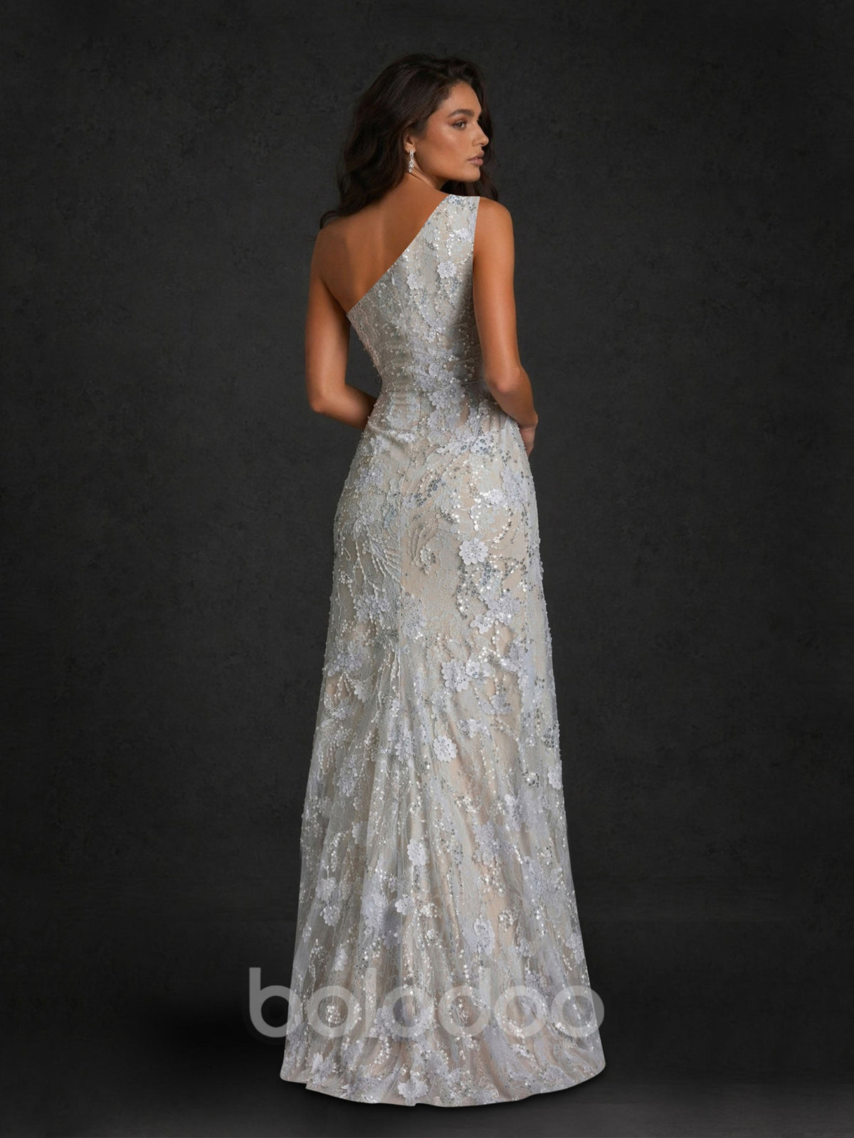 BOLODOO Silver One-Shoulder 3D Floral Sequin Lace Maxi Gown – Sleeveless Open Back Floor Length Evening Dress | BOLODOO watermark