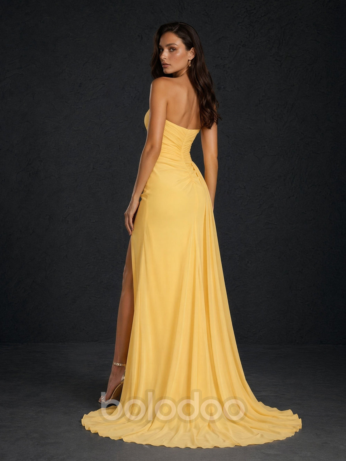 BOLODOO Yellow Chiffon Sweetheart Ruched Bodice Open Back High Slit A-Line Maxi Dress - Back View Showing Full Open Back and Sweep Train | BOLODOO watermark