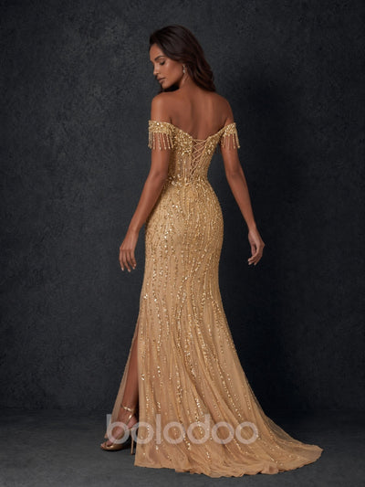 BOLODOO Champagne Gold Wave Sequin Off-Shoulder Beaded Fringe Sheer Corset Lace-Up Back High Slit Mermaid Maxi Dress - Back Upper Body Close-up Showing Beaded Fringe Shoulder and Lace-Up Corset Back Detail | BOLODOO watermark