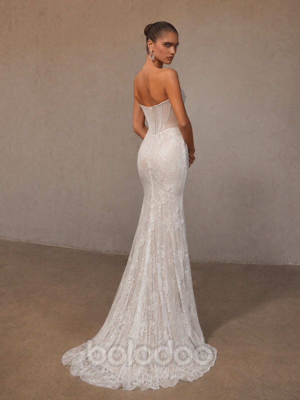 BOLODOO White Floral Glitter Sequin Lace Sweetheart Sheer Pearl Crystal Boned Corset Low Open Back Mermaid Wedding Dress - Front Full Length Side Angle View Showing Mermaid Silhouette and Chapel Train | BOLODOO watermark