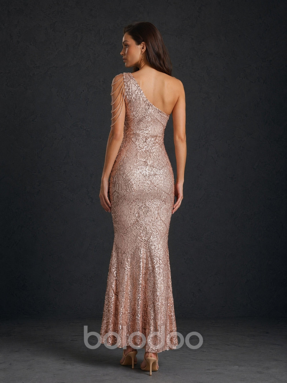 BOLODOO Rose Gold Geometric Wave Sequin One-Shoulder Cutout Multi-Strand Chain Drape Low Open Back Mermaid Maxi Dress - Front Full Length Walking View Showing Chain Drape Movement and Silhouette | BOLODOO watermark