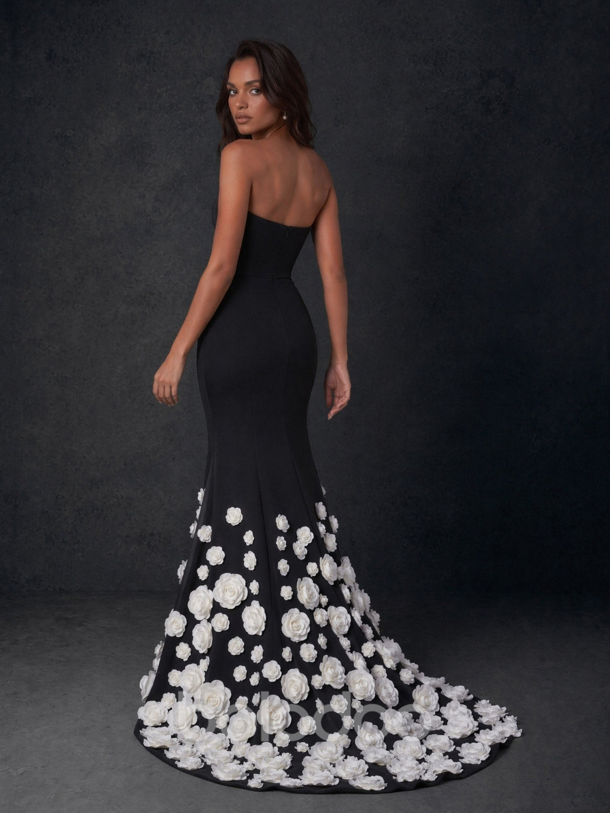BOLODOO Black Sweetheart Strapless Crepe Mermaid Gown with White 3D Rose Floral Appliqué Skirt Open Back - Front Full Length Natural Standing View Showing Full Silhouette | BOLODOO watermark