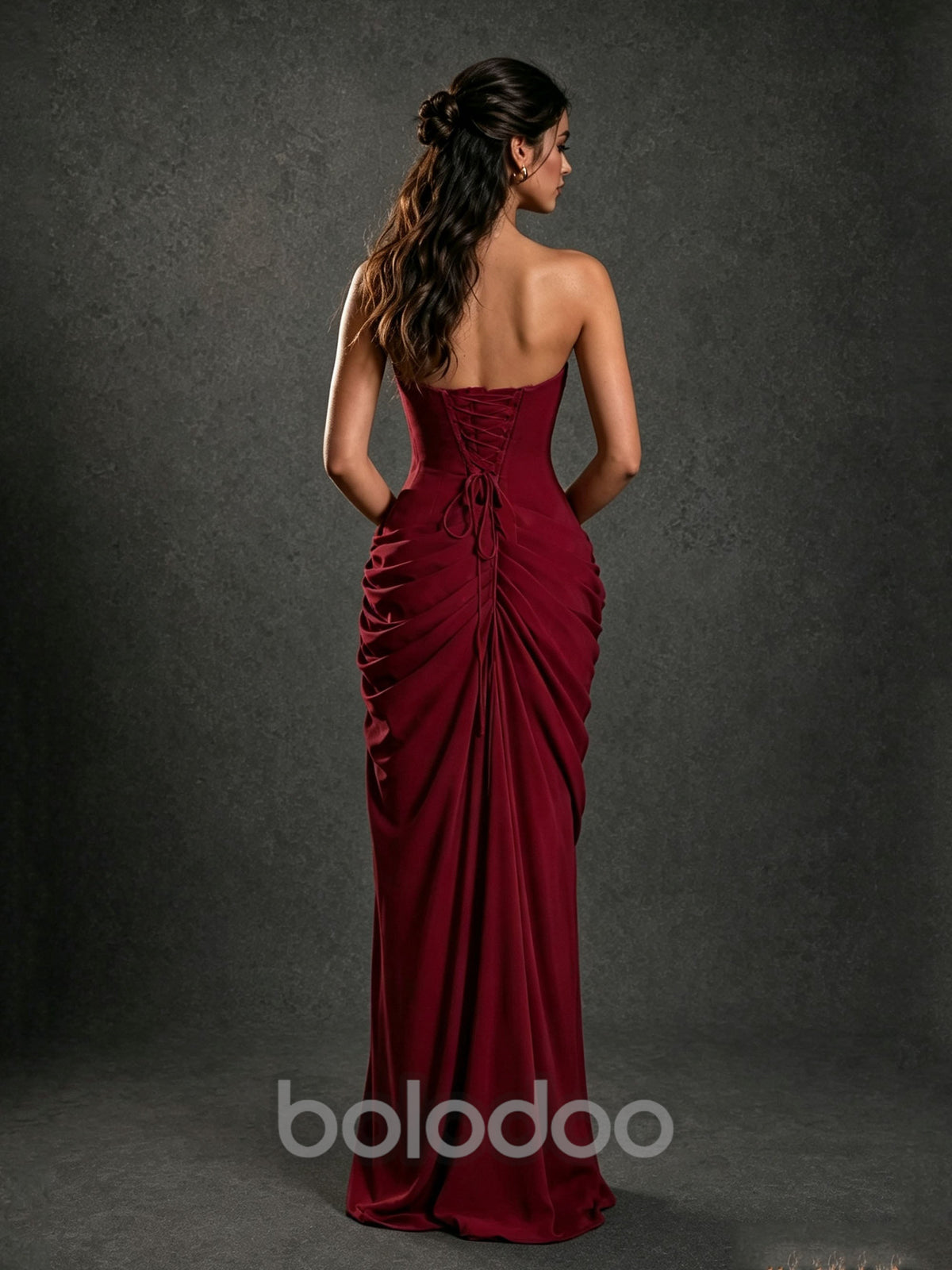 BOLODOO Strapless Draped Maxi Dress – Deep Red Backless Evening Gown with High Slit | BOLODOO watermark