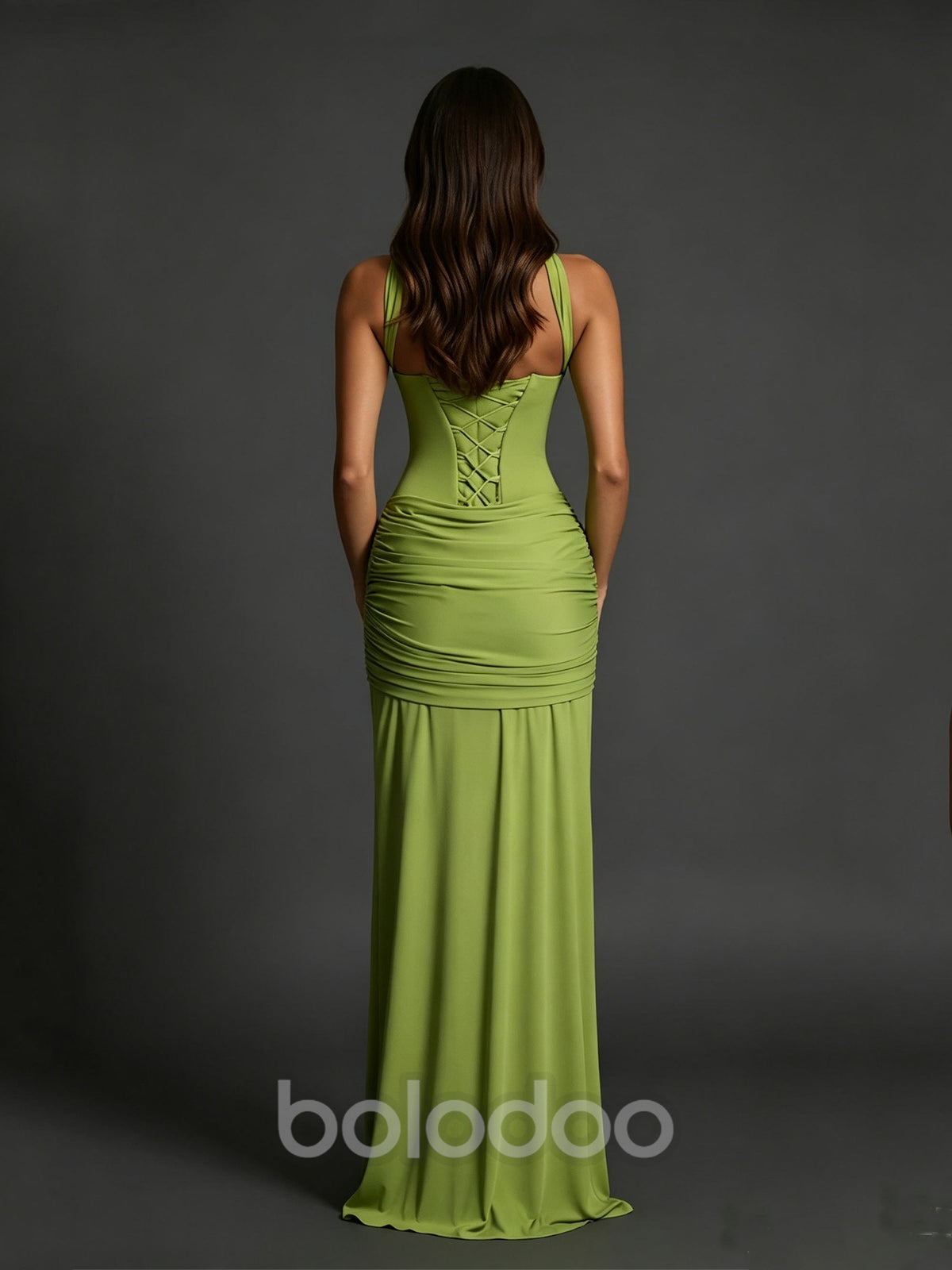 BOLODOO Olive Green Halter Neck Ruched Maxi Dress – Formal Evening Gown | BOLODOO watermark