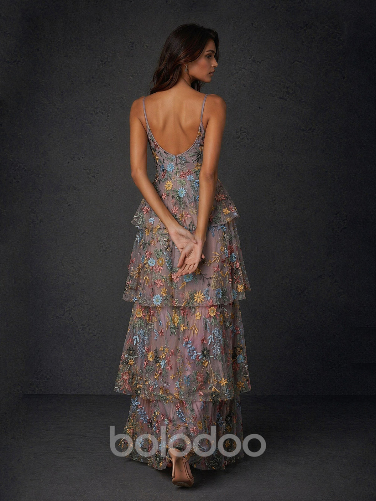BOLODOO Multicolor Floral Embroidered Tiered Tulle Maxi Dress with Spaghetti Straps | BOLODOO watermark