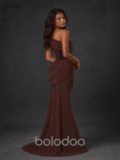 BOLODOO Chocolate Brown One-Shoulder Sequin Embroidered Ruched Mermaid Gown with Train | BOLODOO watermark