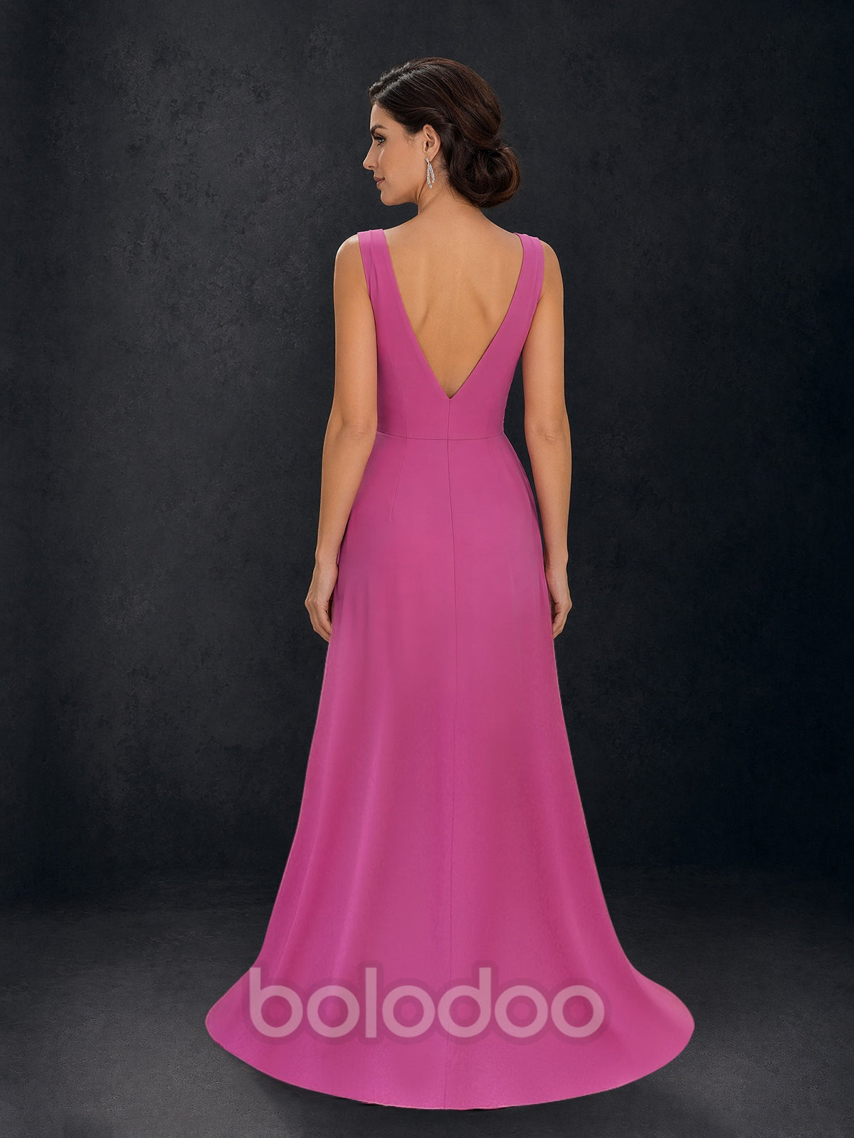 BOLODOO Magenta Pink Two-Tone Chiffon V-Neck 3D Floral A-Line Maxi Dress – Open V-Back Detail | BOLODOO watermark