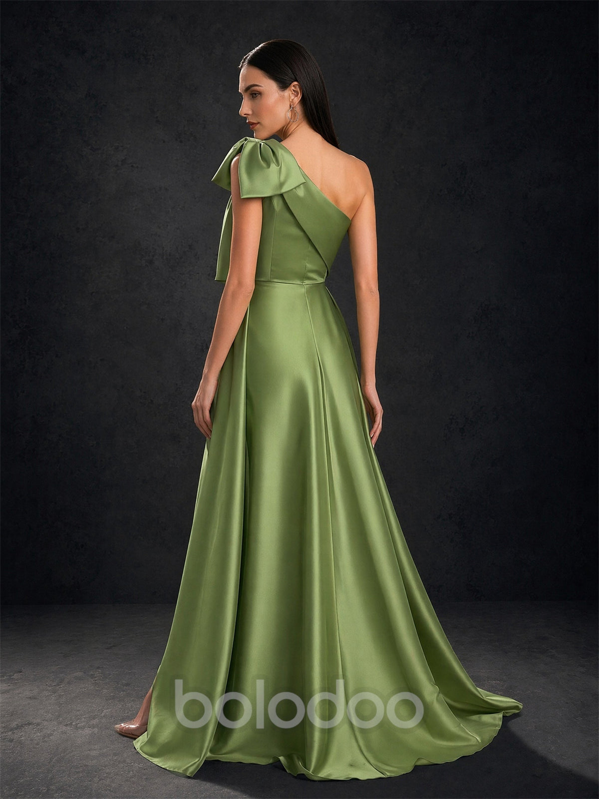 BOLODOO Olive Green One-Shoulder Bow Sequin Mermaid Dress – Back View Showing Satin Overskirt | BOLODOO watermark