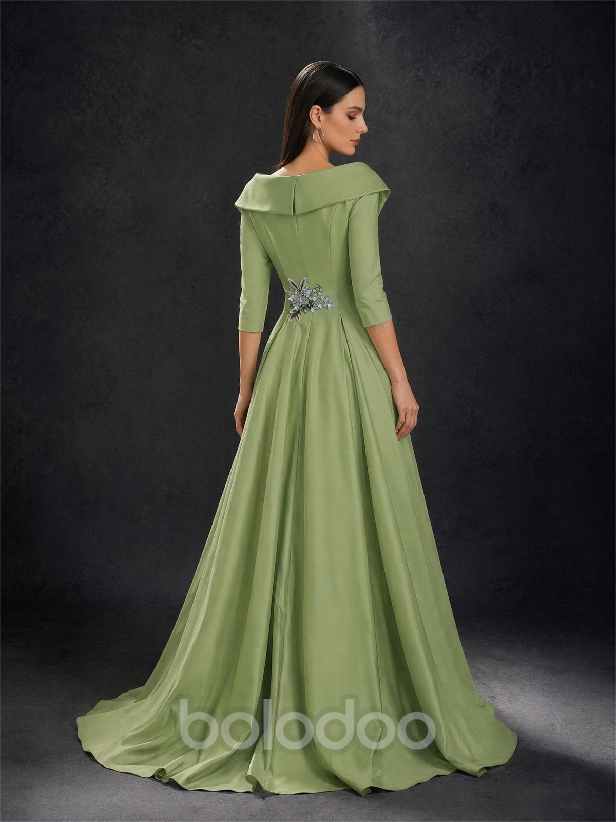 BOLODOO Olive Green Satin Jumpsuit with Detachable Overskirt Train – Back View Showing Train | BOLODOO watermark
