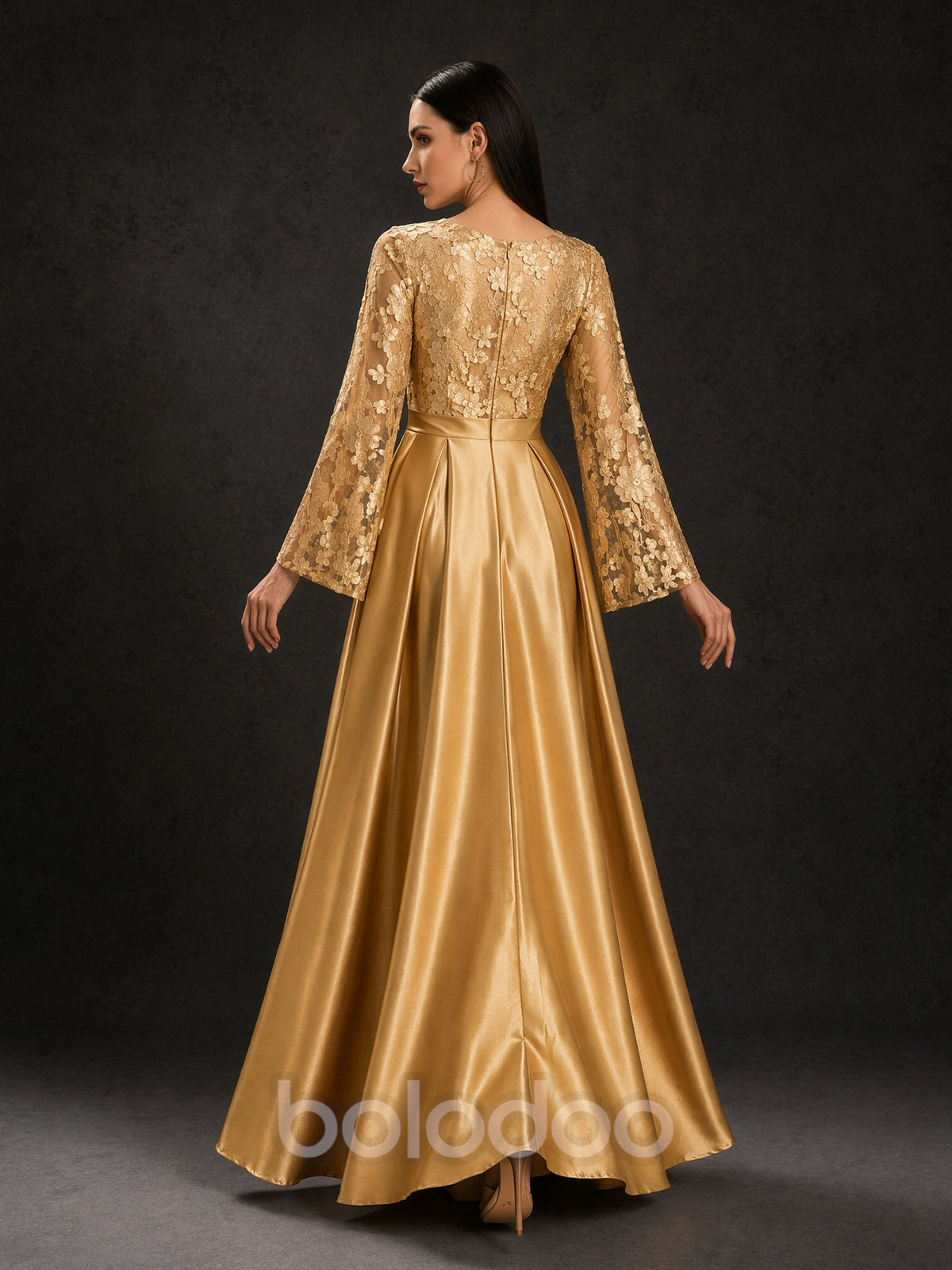 BOLODOO Gold Long Lantern Sleeve Floral Lace Illusion Bodice Satin A-Line Gown – Front View with Movement | BOLODOO watermark