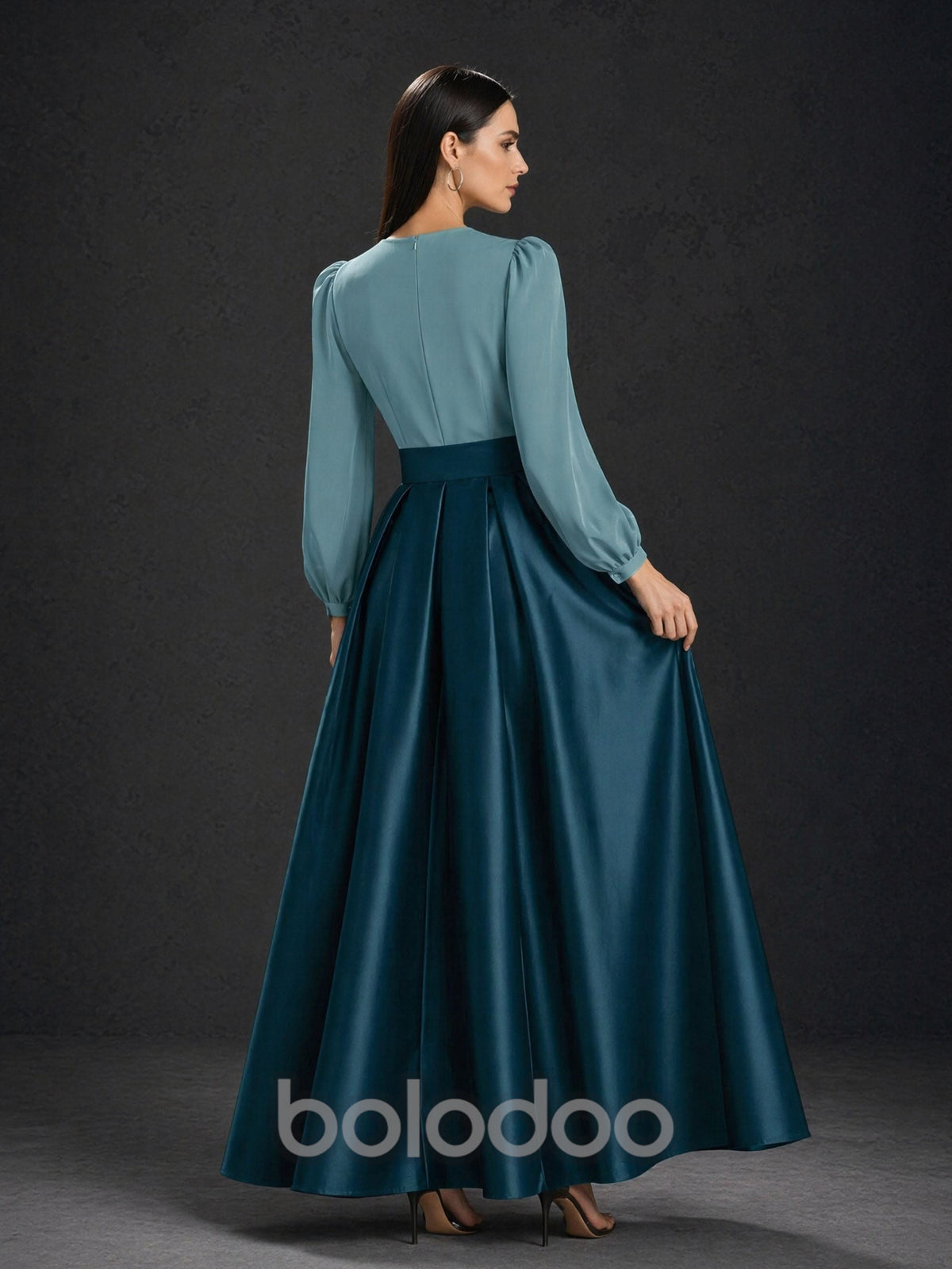 BOLODOO Two-Tone Dusty Blue Teal V-Neck Lantern Sleeve Satin A-Line Gown – Front View with Movement | BOLODOO watermark