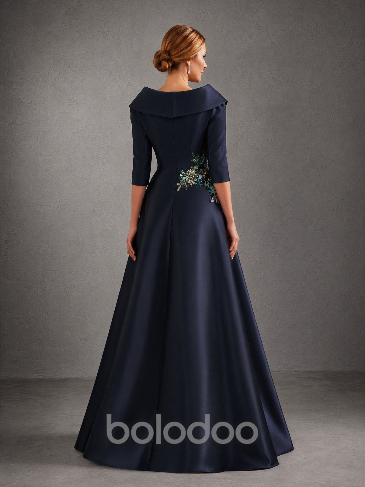 BOLODOO Navy Blue Lapel Collar 3/4 Sleeve Sequin Embroidered Satin A-Line Gown – Front View Showing Front Slit | BOLODOO watermark