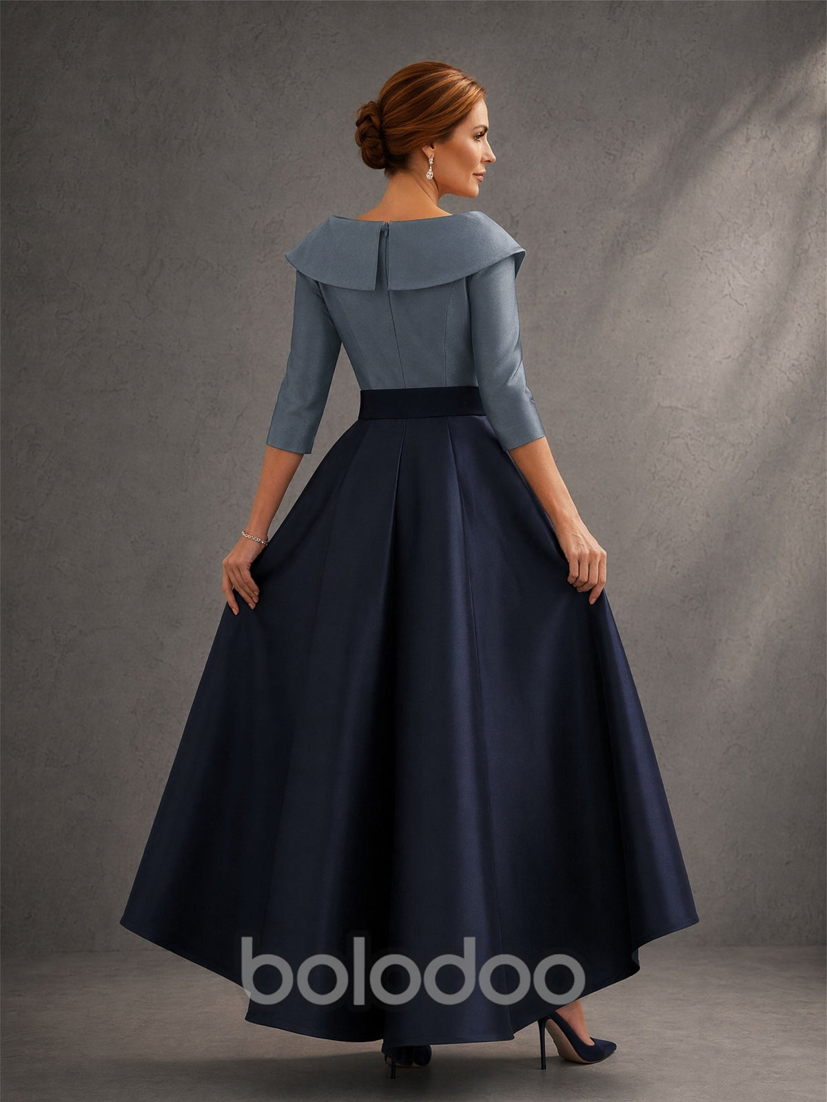 BOLODOO Two-Tone Steel Blue Navy Lapel Collar Satin Hi-Low A-Line Gown – Back View Full Length | BOLODOO watermark