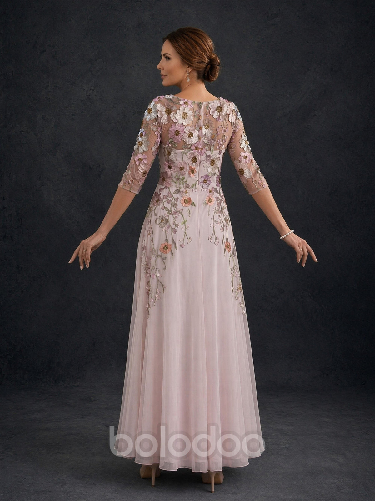 BOLODOO Blush Pink 3D Floral Vine Embroidered Illusion Tulle A-Line Gown – Front View with Movement | BOLODOO watermark