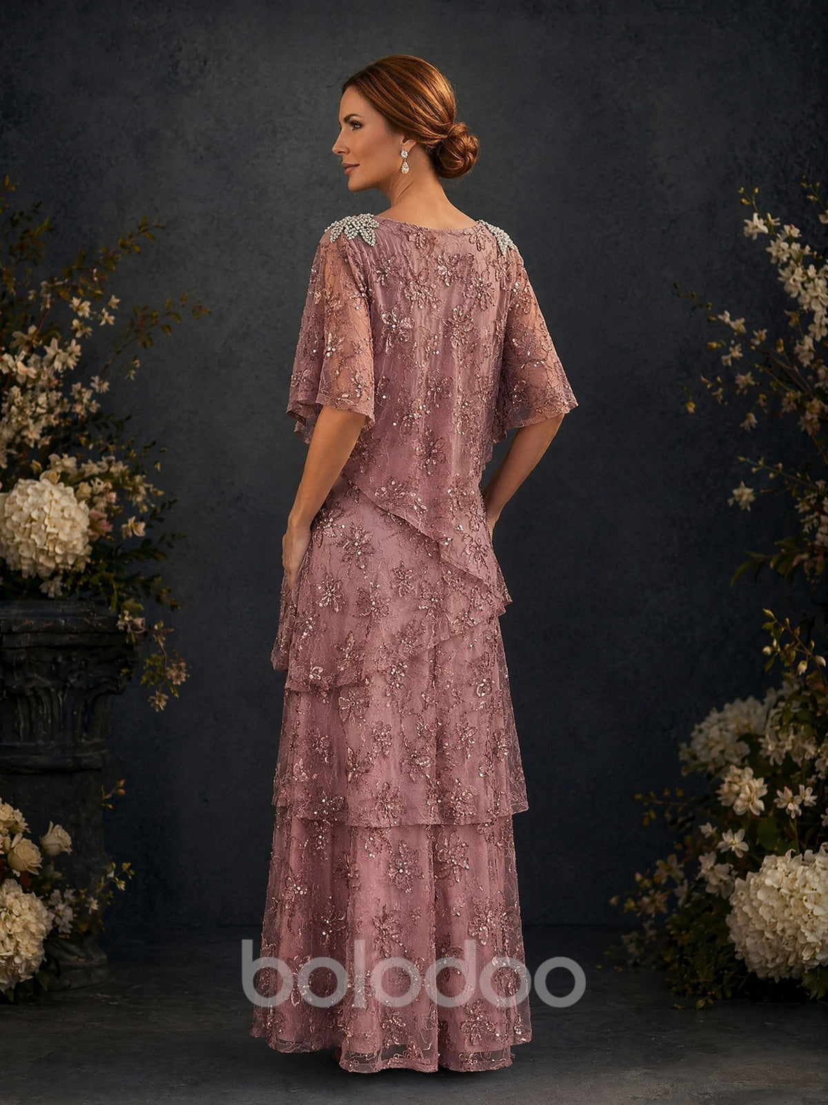 BOLODOO Dusty Rose Flutter Sleeve Sequin Floral Lace Tiered A-Line Gown – Back View Full Length | BOLODOO watermark