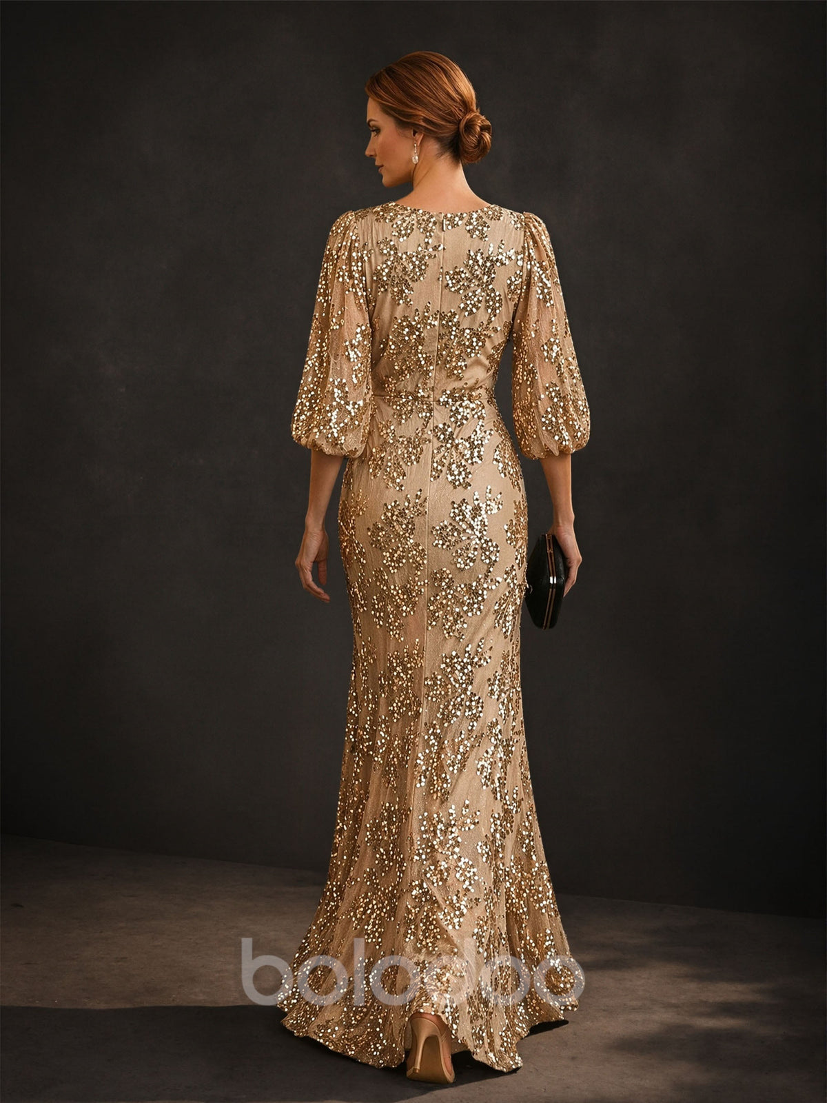 BOLODOO Champagne Gold V-Neck Lantern Sleeve All-Over Sequin Mermaid Gown – Front View Full Length Relaxed Pose | BOLODOO watermark