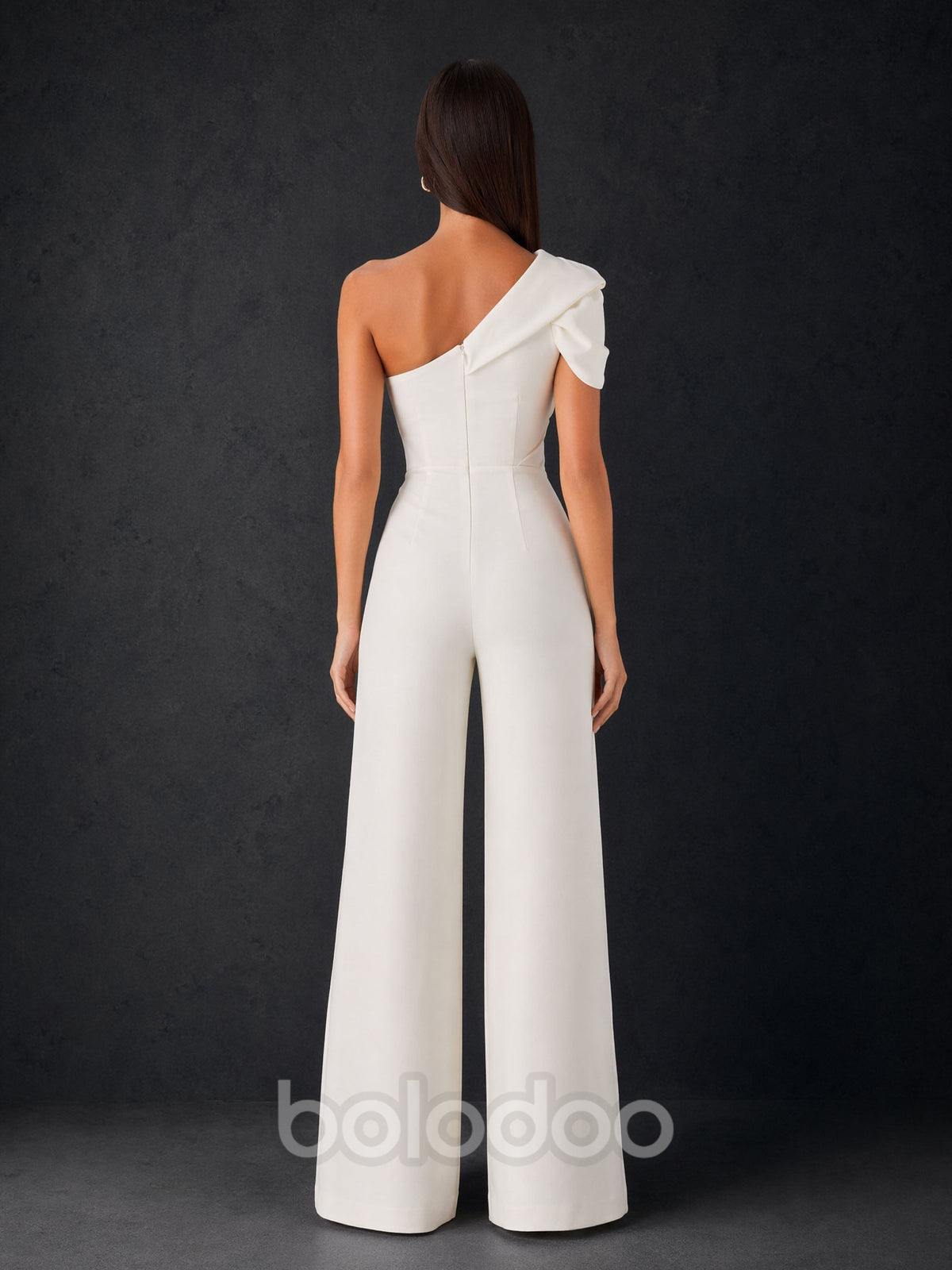 BOLODOO ivory one-shoulder puff sleeve wide-leg jumpsuit - close up upper body detail | BOLODOO watermark