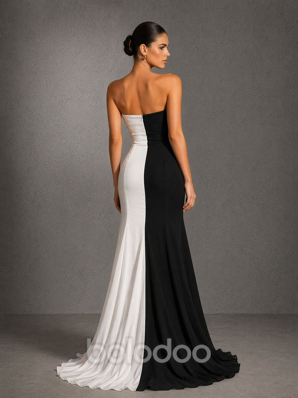 BOLODOO black and white color block strapless mermaid evening gown - full front view showing high slit | BOLODOO watermark