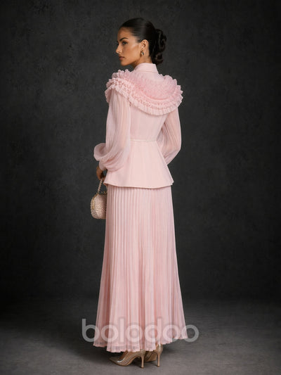 BOLODOO blush pink ruffle collar blazer and pleated chiffon maxi skirt two-piece set - front view looking down | BOLODOO watermark