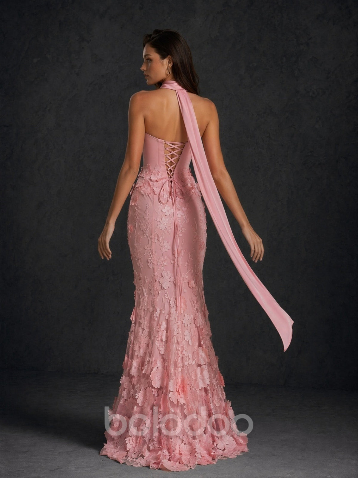 BOLODOO rose pink 3D floral appliqué strapless mermaid evening gown - three-quarter side view | BOLODOO watermark