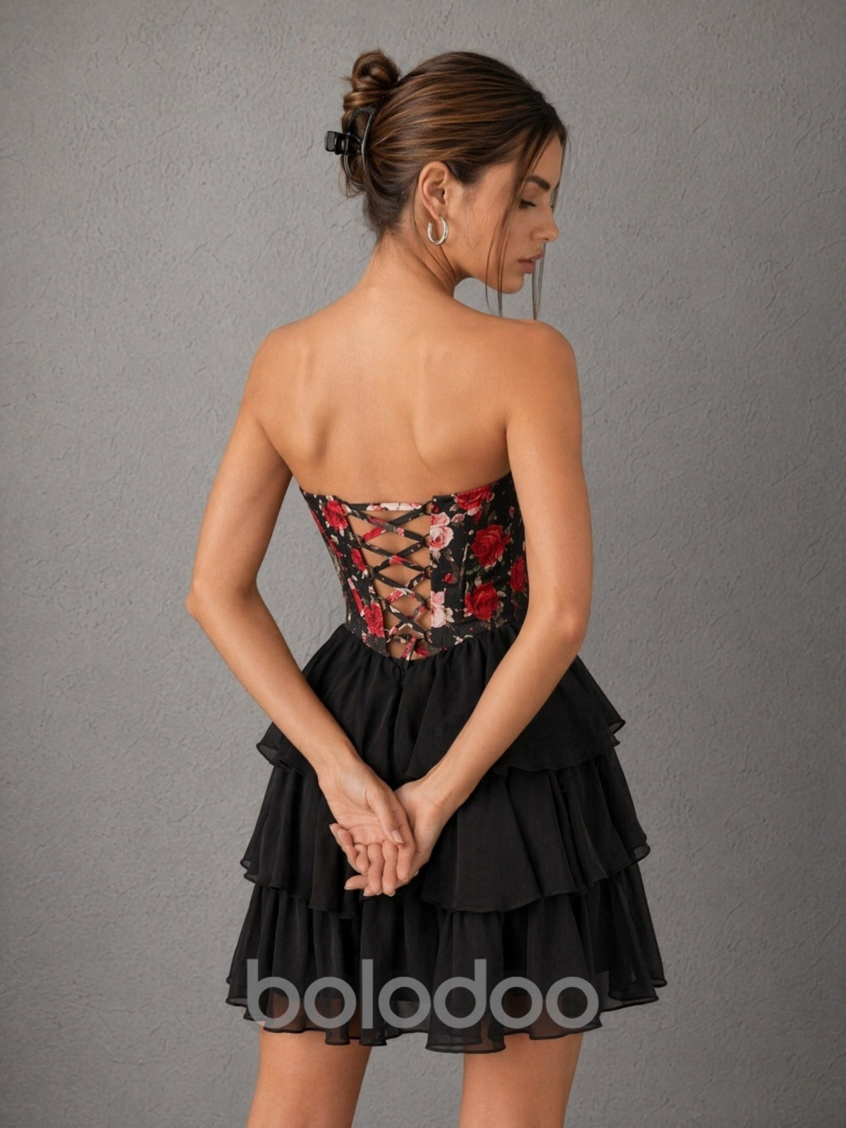 BOLODOO black red floral strapless corset tiered ruffle mini dress - back view showing lace-up open back | BOLODOO watermark