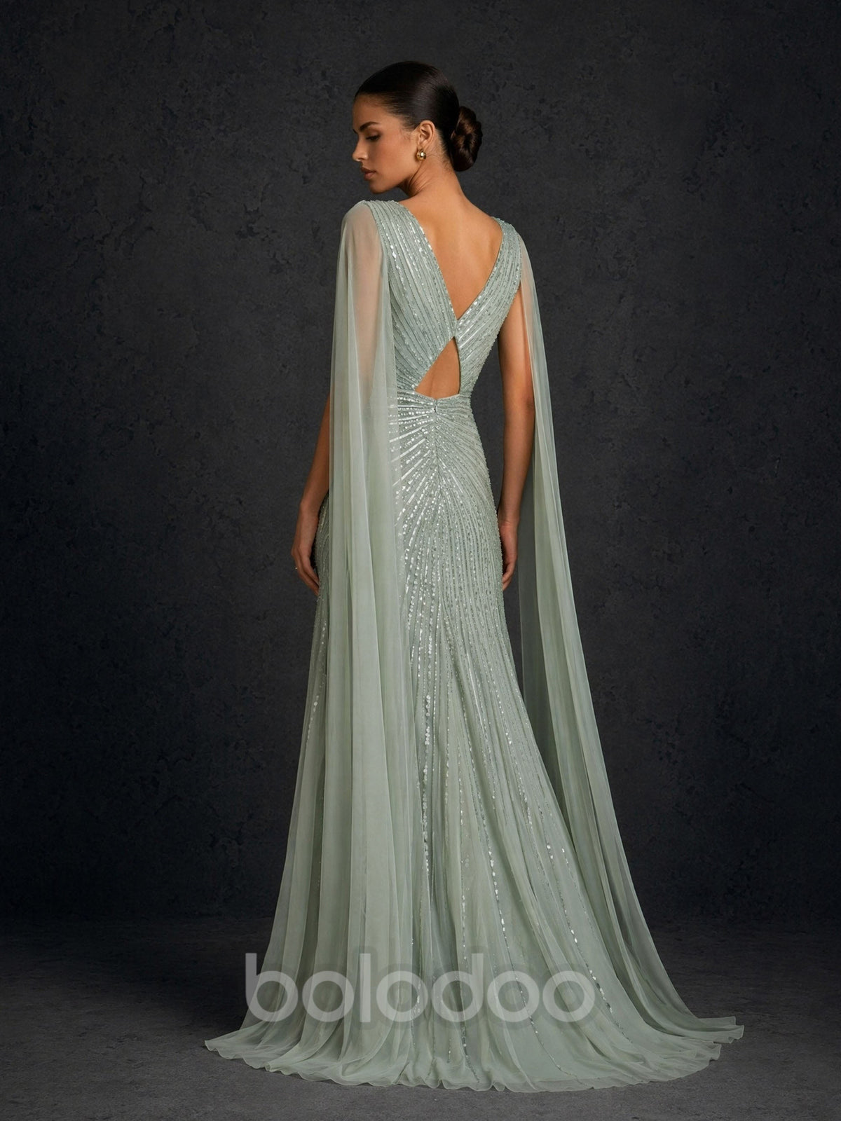 BOLODOO BD0366 sage green sequin mermaid gown - back view showing open back keyhole cutout and cape sleeves | BOLODOO watermark