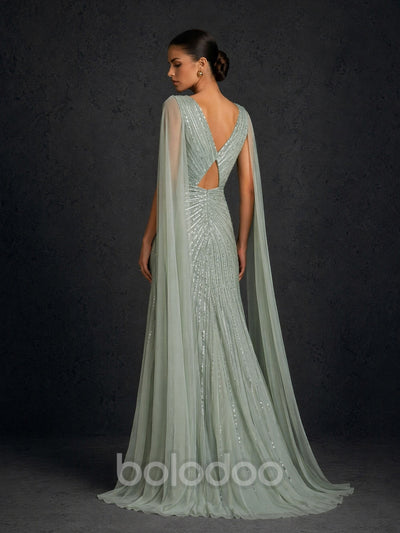 BOLODOO BD0366 sage green sequin mermaid gown - back view showing open back keyhole cutout and cape sleeves | BOLODOO watermark