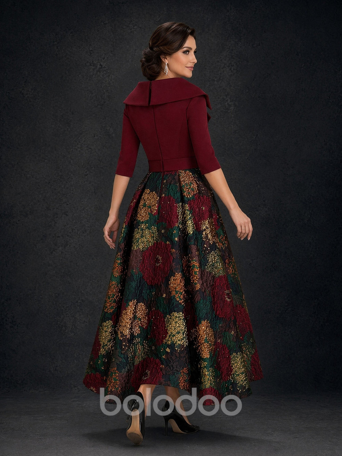 BOLODOO BD0368 burgundy jacquard formal gown - front full-length view with self-belt and voluminous floral jacquard skirt | BOLODOO watermark
