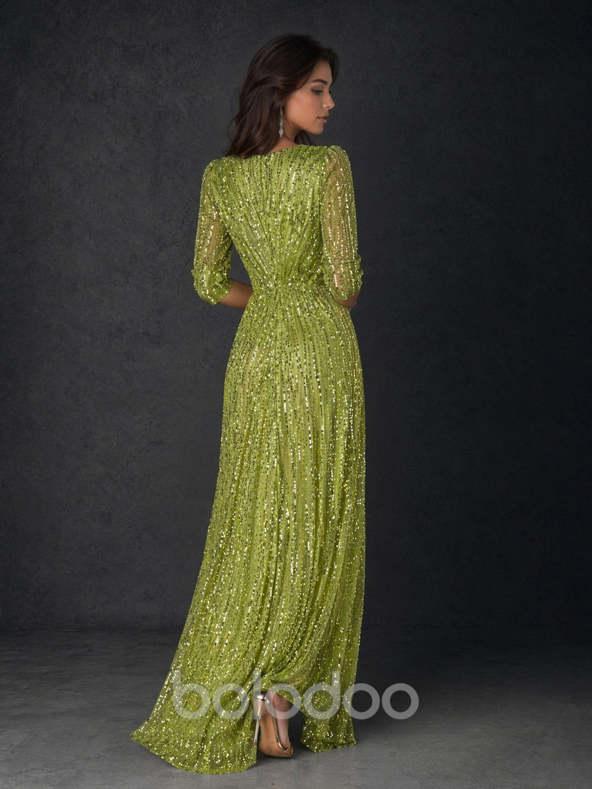 BOLODOO BD0369 olive green sequin evening gown - front close-up showing deep wrap V-neckline, ruched bodice and 3/4 sequin mesh sleeves | BOLODOO watermark