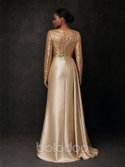 BOLODOO BD0371 gold sequin long sleeve satin evening gown - front full-length view showing A-line silhouette and crystal leaf appliqué at hip | BOLODOO watermark