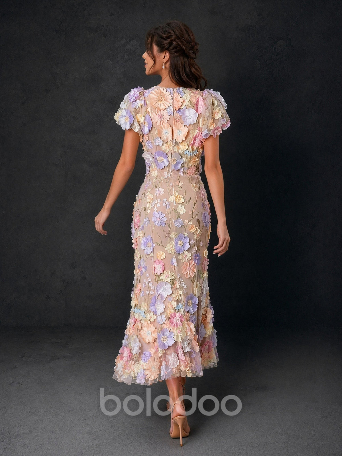 BOLODOO BD0372 champagne pastel 3D floral midi dress - back view showing covered back, center zip, flutter puff sleeves and flared hem | BOLODOO watermark