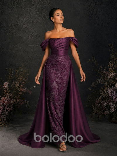 BOLODOO BD0374 deep purple sequin lace mermaid gown - front view with overskirt train flowing to the side, showing full silhouette | BOLODOO watermark
