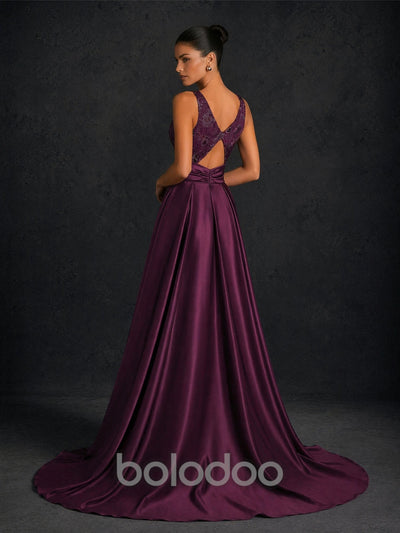 BOLODOO BD0374 deep purple V-neck bow-waist sequin lace mermaid gown - front full-length view with detachable satin overskirt and oversized bow detail | BOLODOO watermark