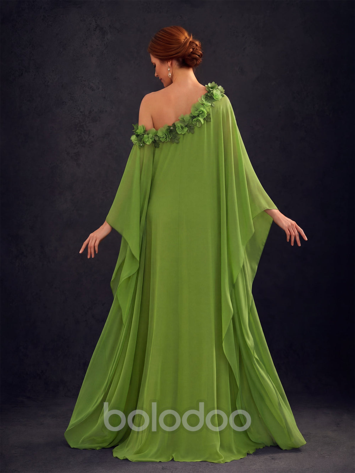 BOLODOO Olive Green 2-Piece Set: Off-Shoulder 3D Floral Cape Gown & One-Shoulder Wide-Leg Jumpsuit | BD0373 | BOLODOO watermark