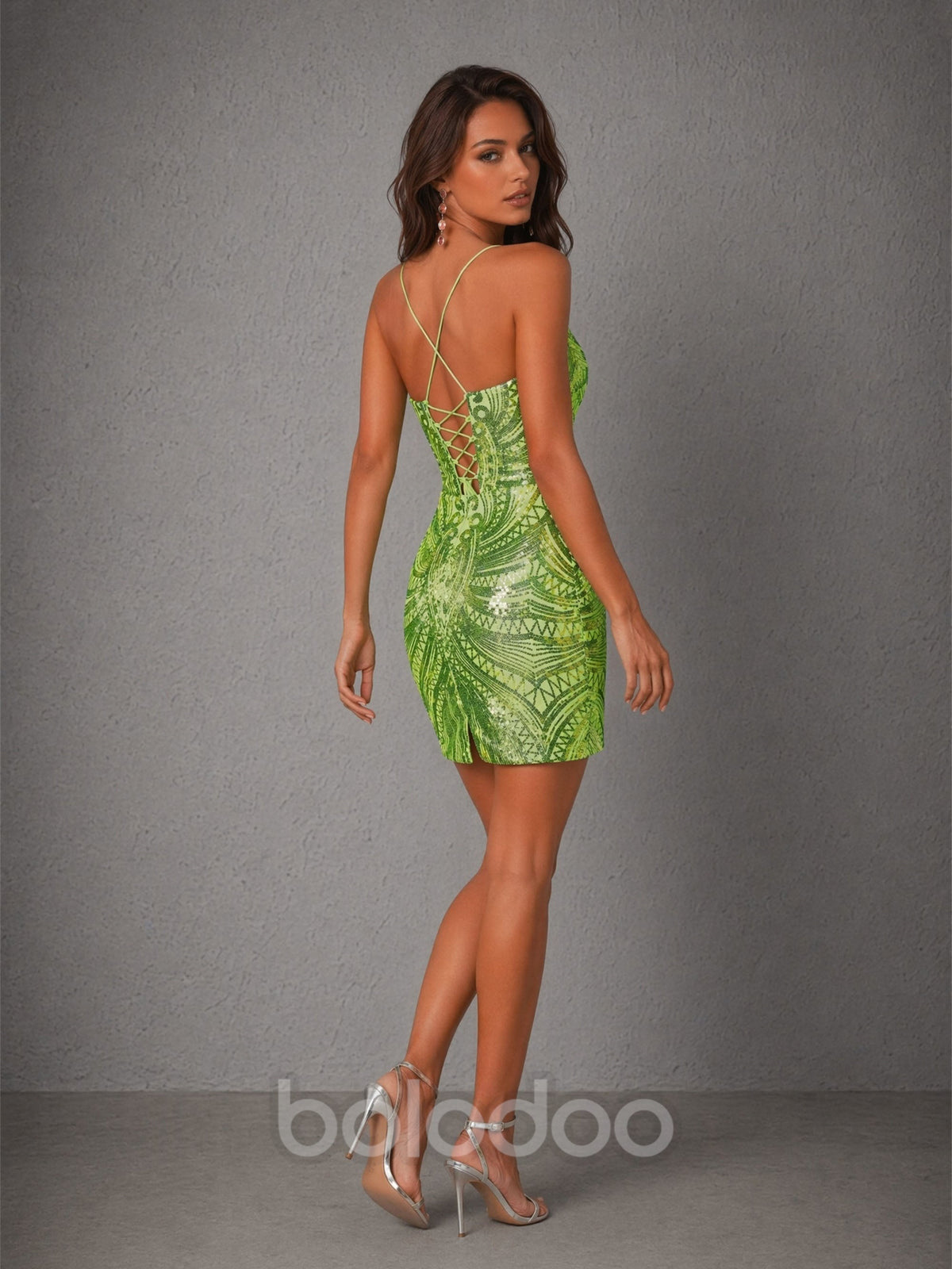 BOLODOO Lime Green Sequin Spaghetti Strap Mini Dress – Geometric Pattern Lace-Up Open Back Bodycon | BOLODOO watermark