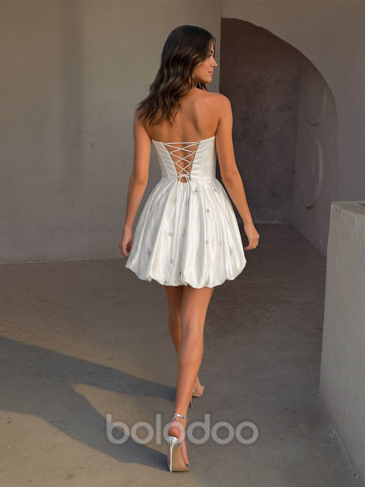 BOLODOO White Satin Crystal Corset Bubble Mini Dress – Strapless Rhinestone Neckline Lace-Up Back | BOLODOO watermark