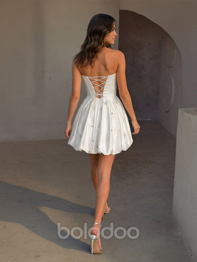 BOLODOO White Satin Crystal Corset Bubble Mini Dress – Strapless Rhinestone Neckline Lace-Up Back | BOLODOO watermark
