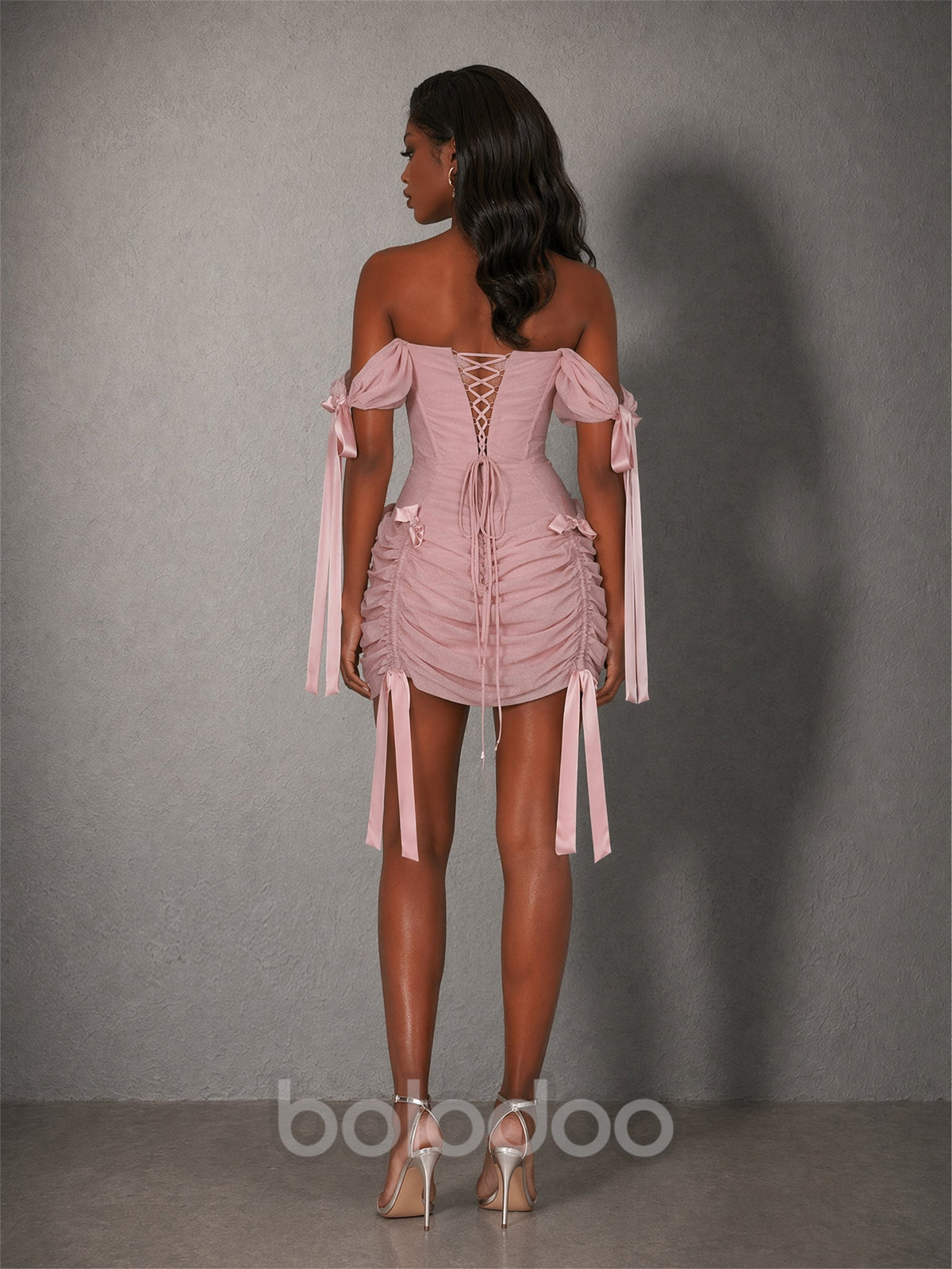 BOLODOO Blush Pink Mesh Corset Off-Shoulder Mini Dress – Puff Sleeve Ribbon Bow Ruched Lace-Up Back | BOLODOO watermark
