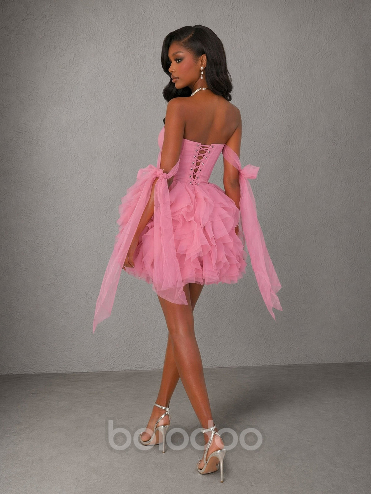 BOLODOO Pink Tulle Corset Mini Dress – Strapless 3D Rose Tiered Ruffle Skirt Lace-Up Back | BOLODOO watermark