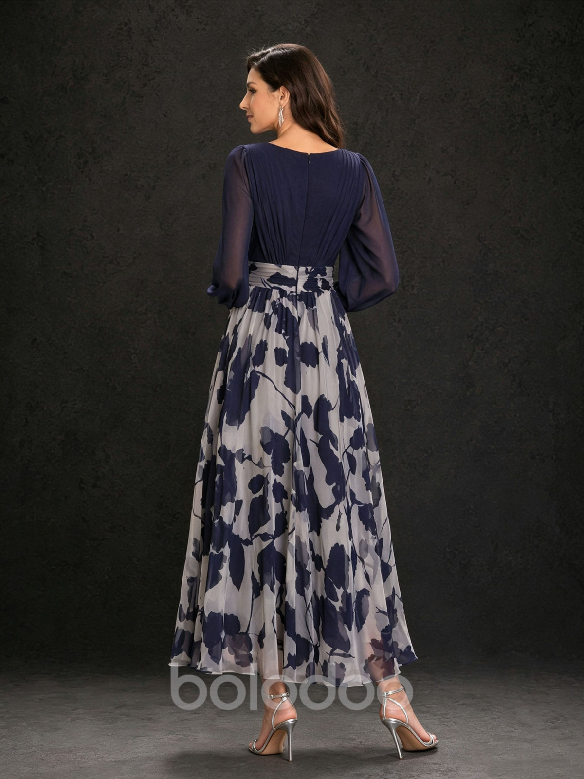 BOLODOO Navy Blue Floral Print Chiffon Midi Dress – V-Neck Lantern Sleeve 3D Flower Sash Ankle Length | BOLODOO watermark