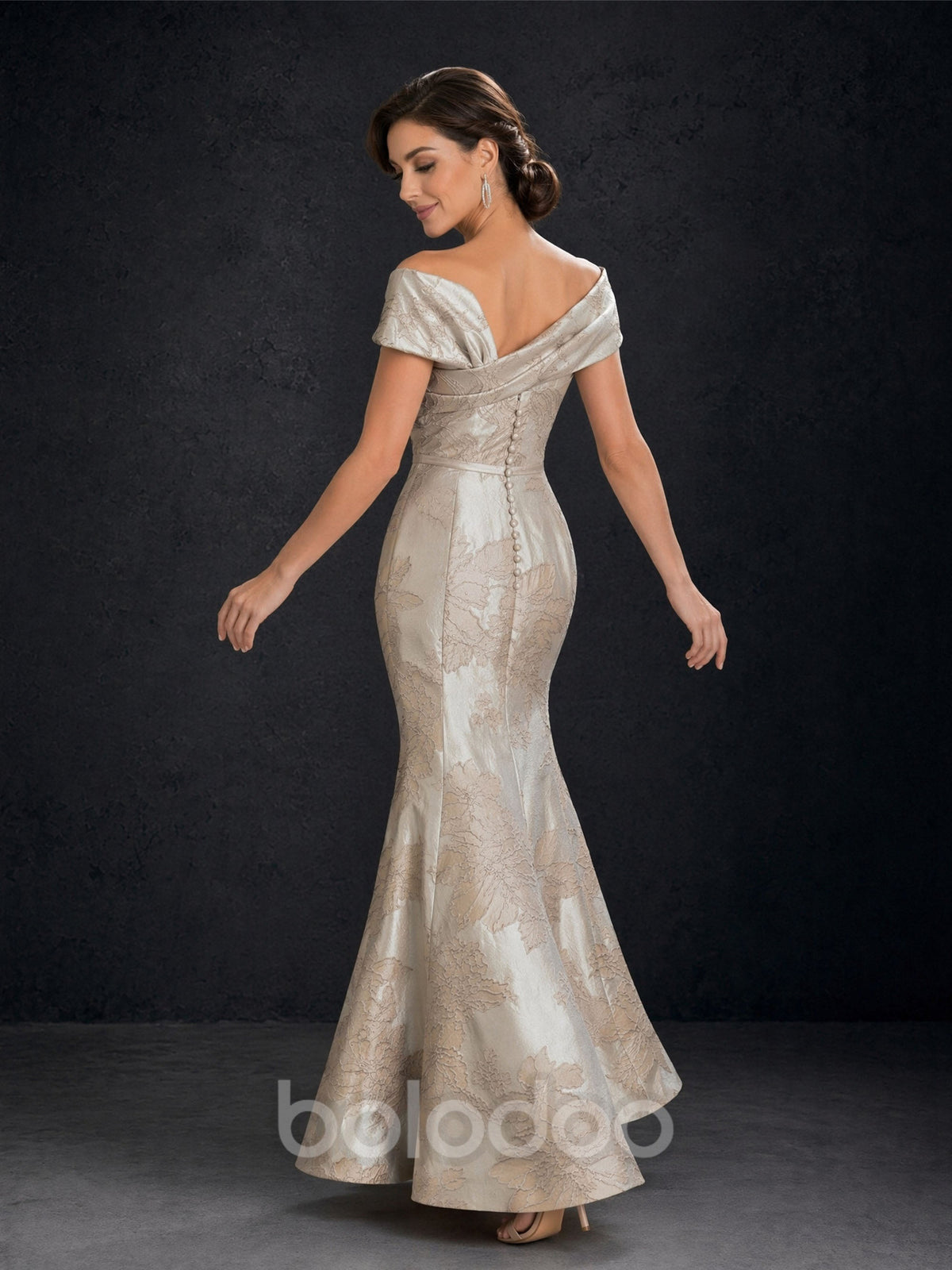 BOLODOO Champagne Gold Jacquard Off-Shoulder Mermaid Gown – Asymmetric Bow Short Sleeve Button Back Floor Length | BOLODOO watermark