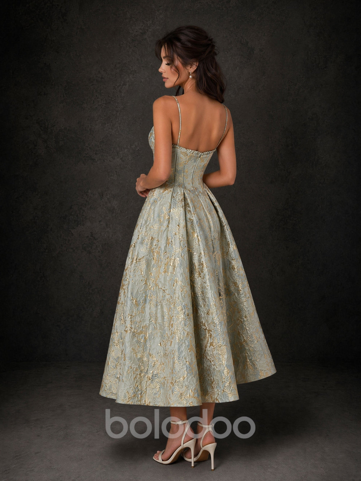 BOLODOO Sage Green Gold Jacquard Corset A-Line Tea Length Dress – Sweetheart Spaghetti Strap Bow Open Back | BOLODOO watermark