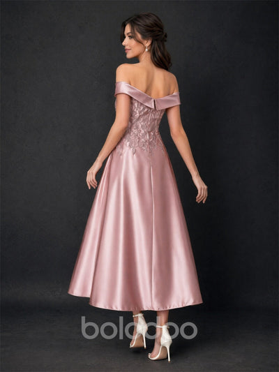 BOLODOO Dusty Rose Satin Off-Shoulder Lace Appliqué A-Line Tea Length Dress – Sweetheart Corset Open Back | BOLODOO watermark
