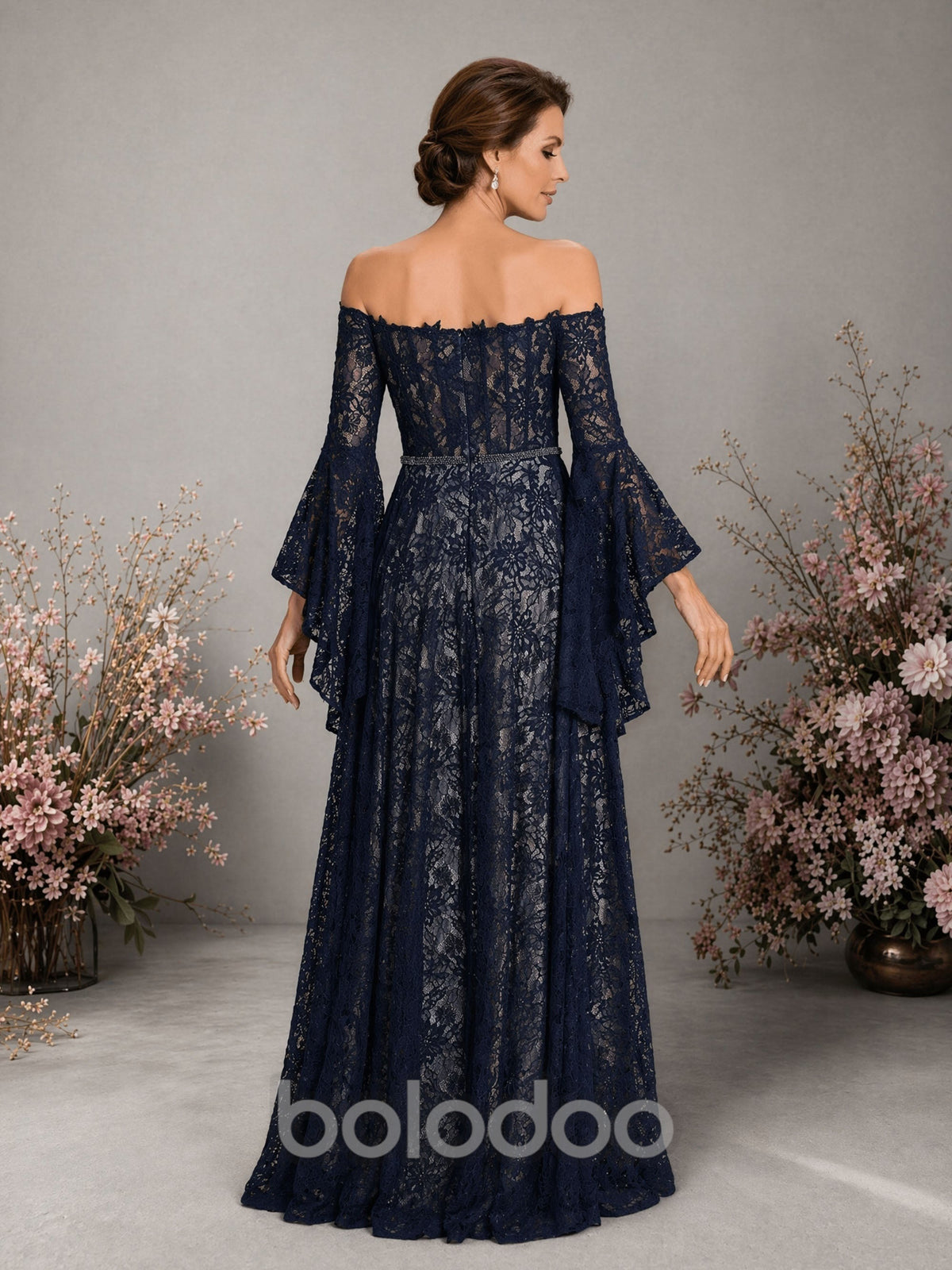 BOLODOO Navy Blue Glitter Lace Off-Shoulder Bell Sleeve Gown – Sweetheart Crystal Belt A-Line Floor Length | BOLODOO watermark