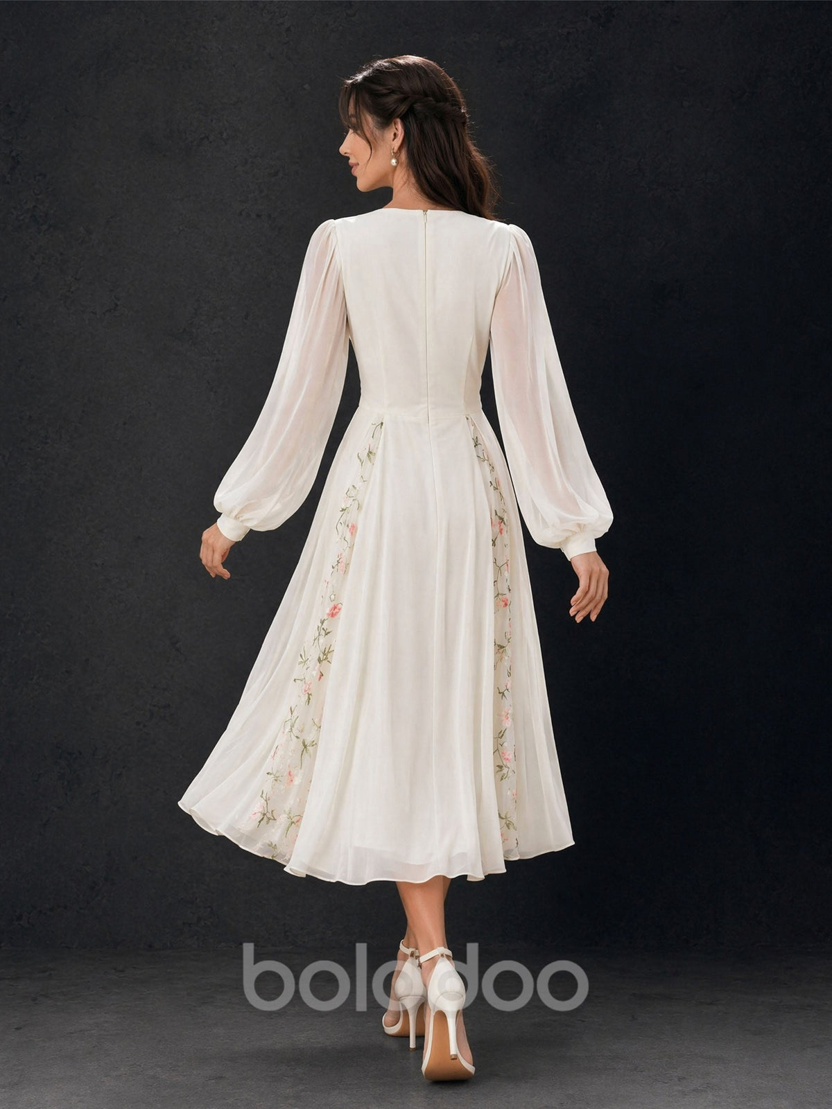 BOLODOO BD0400 ivory white floral embroidered chiffon midi dress – front view, deep V-neck and A-line silhouette | BOLODOO watermark