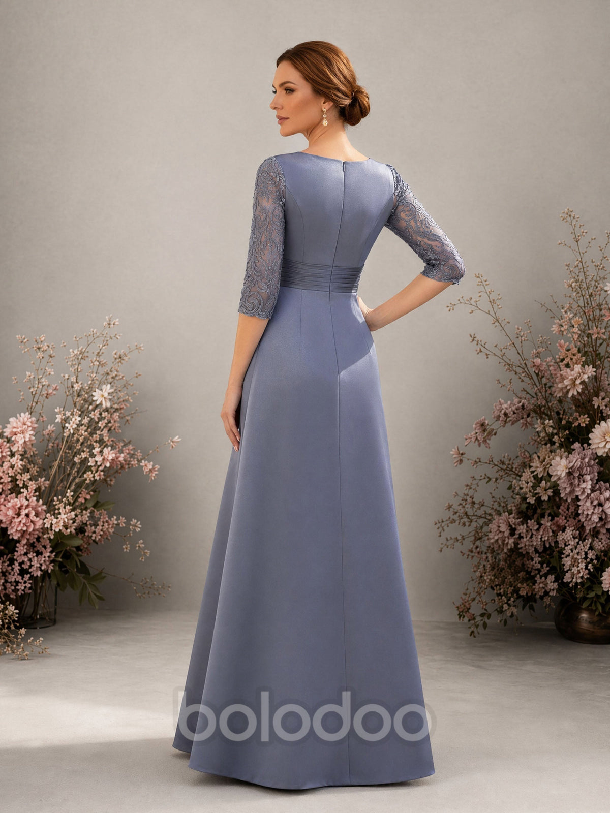 BOLODOO BD0401 steel blue satin floor-length gown – three-quarter front view showing full skirt and lace sleeve detail | BOLODOO watermark