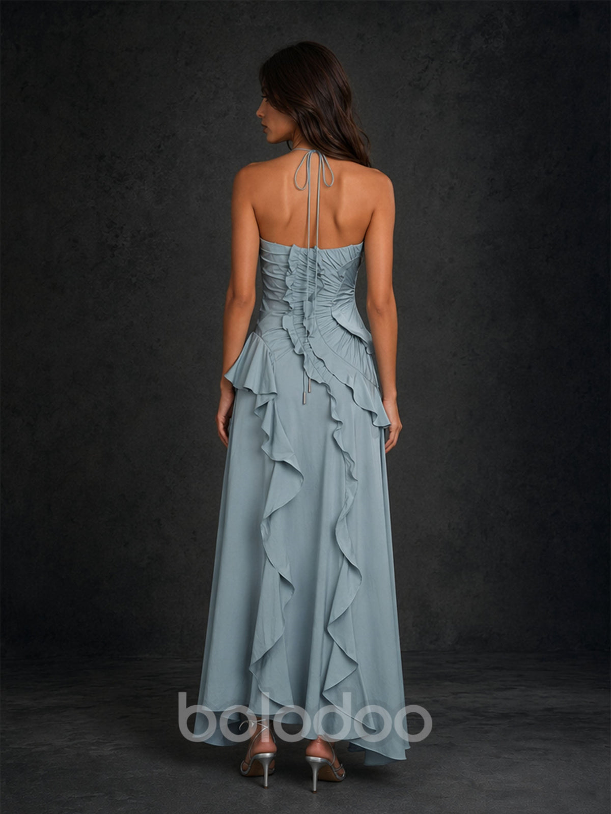 BOLODOO BD0402 dusty blue ruffle maxi dress – side-front view highlighting hi-lo hem and tiered ruffle skirt detail | BOLODOO watermark